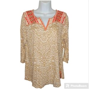 Lucky Brand Women's Tan Embroidered Split Neck Southwestern 3/4 Blouse Large